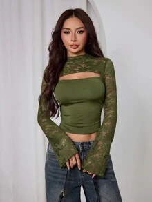 SHEIN PETITE Women's Contrast Lace Hollow Design Long Sleeve Slim Fit Top - Army Green - View 2