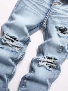 Young Boy Fall/Winter Street Kids Cool Distressed Ripped Blue Denim Skinny Flared Jeans, For Streetwear, Halloween - Blue - View 4