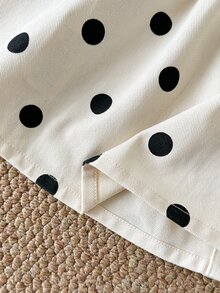 SHEIN Vintaside Kids 幼女甜美優雅米色黑色波點荷葉邊鈕扣長袖圓領修身A字裙，適合生日派對、婚禮賓客、秋季假期 - 白色 - 查看 7
