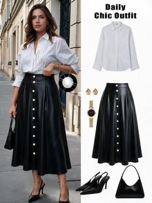 GlowEve CURVE Plus Size Women's Minimalist Daily Commute PU Leather Fabric With Pearl Decor Buckle A-Line Skirt - Black - View 1