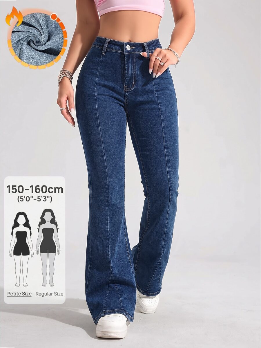 SHEIN PETITE 女款極簡日常時尚牛仔喇叭褲 - 深色水洗藍 - 查看 1