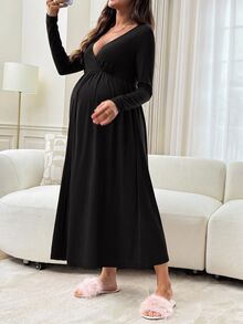 Slowluna Maternity Nursing Dress With Pleated Design, Minimalist Style For Pregnant And Postpartum Women - Black - View 8