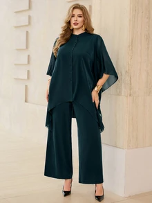 Roveilla طقم نسائي مقاس كبير بلون سادة للتنقل اليومي، توب بياقة صغيرة واقفة وأمام مفتوح وأكمام متطايرة وحافة غير متماثلة، مع بنطال طويل بخصر مطاطي، قطعتان - أخضر داكن - مشاهدة 6