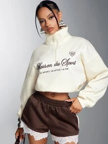 Denimoi Embroidered Verbiage Sweatshirt Fashion High Neck Quarter Zip Sweatshirts Casual Lounge - Apricot - View 3