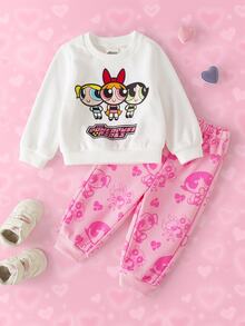THE POWERPUFF GIRLS X SHEIN Baby Girl Crew Neck Long Sleeve Sweatshirt And Sweatpants Casual Set - Pink - View 1