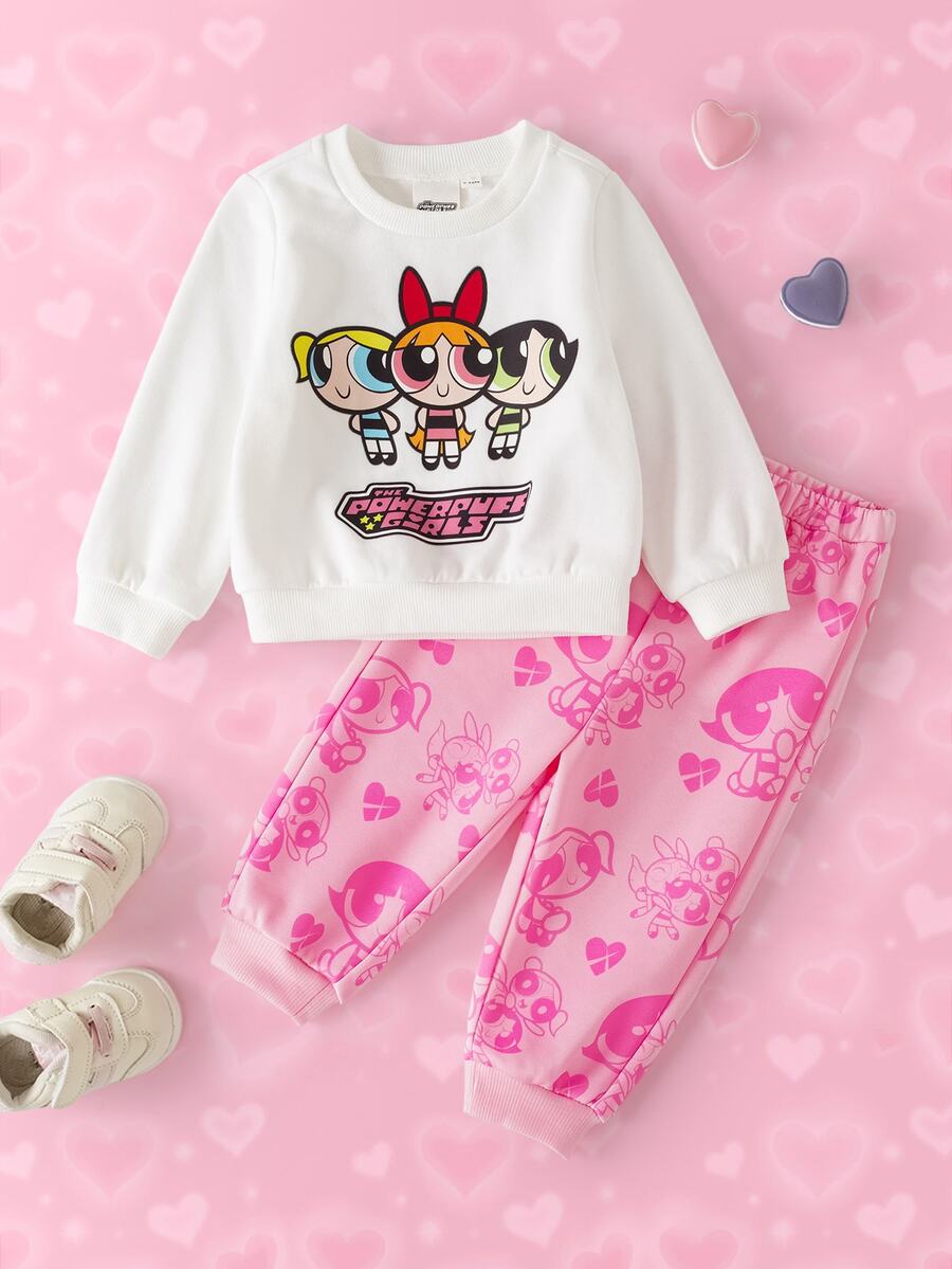 THE POWERPUFF GIRLS X SHEIN Baby Girl Crew Neck Long Sleeve Sweatshirt And Sweatpants Casual Set - Pink - View 1