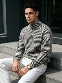 TONEVAULT Men's Striped Raglan Long Sleeve Zip Half-Placket Casual Sweatshirt - White - View 3