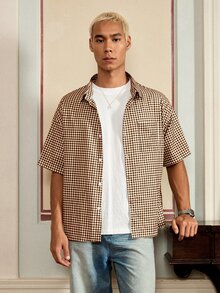 Resyla Men 男士格紋短袖單排扣休閒寬鬆版型襯衫 - 棕色 - 查看 3
