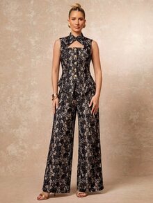 Lumalex 精緻蕾絲金屬鈕扣高領無袖修身直筒長款女式套裝 - 黑色 - 查看 4
