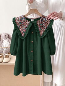 LMoss Kids 女童小女孩編織純色拼接花卉彼得潘領休閒洋裝 - 綠色 - 查看 2