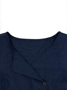 EMERY ROSE Women's Plus Size Spring/Autumn Faux Linen V-Neck Blouse, Loose Fit Asymmetric Button Front Long Sleeve Top, Casual Commute Daily Travel Solid Color Pullover Shirt - Navy Blue - View 6