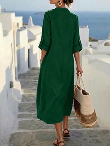Linhara CURVE New Loose Casual Daily Versatile Navy Blue Solid Color Plus Size Dress Fall - Dark Green - View 2