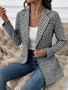 SHEIN Clasi 女款黑白格紋長袖修身時尚百搭西裝外套 - 黑與白 - 查看 7