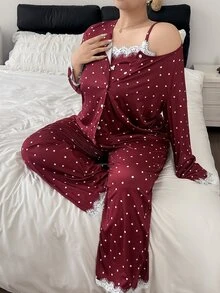 Napfluff CURVE Napfluff CURVE Cute Polka Dot Print Contrast Trim Slim Fit Camisole Pants With Jacket Plus Size Pajama Set - Burgundy - View 5