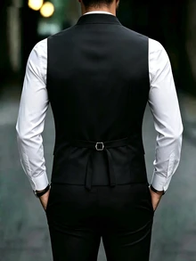 Manfinity AFTRDRK 男士優雅派對純色單排扣黑色背心，節日禮物的最佳選擇 - 黑色 - 查看 2