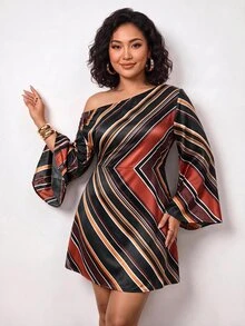 Truni Plus-Size Women's Asymmetrical Neckline Dress With Stylish Diagonal StripesPear Body,Triangle Body - Multicolor - View 1