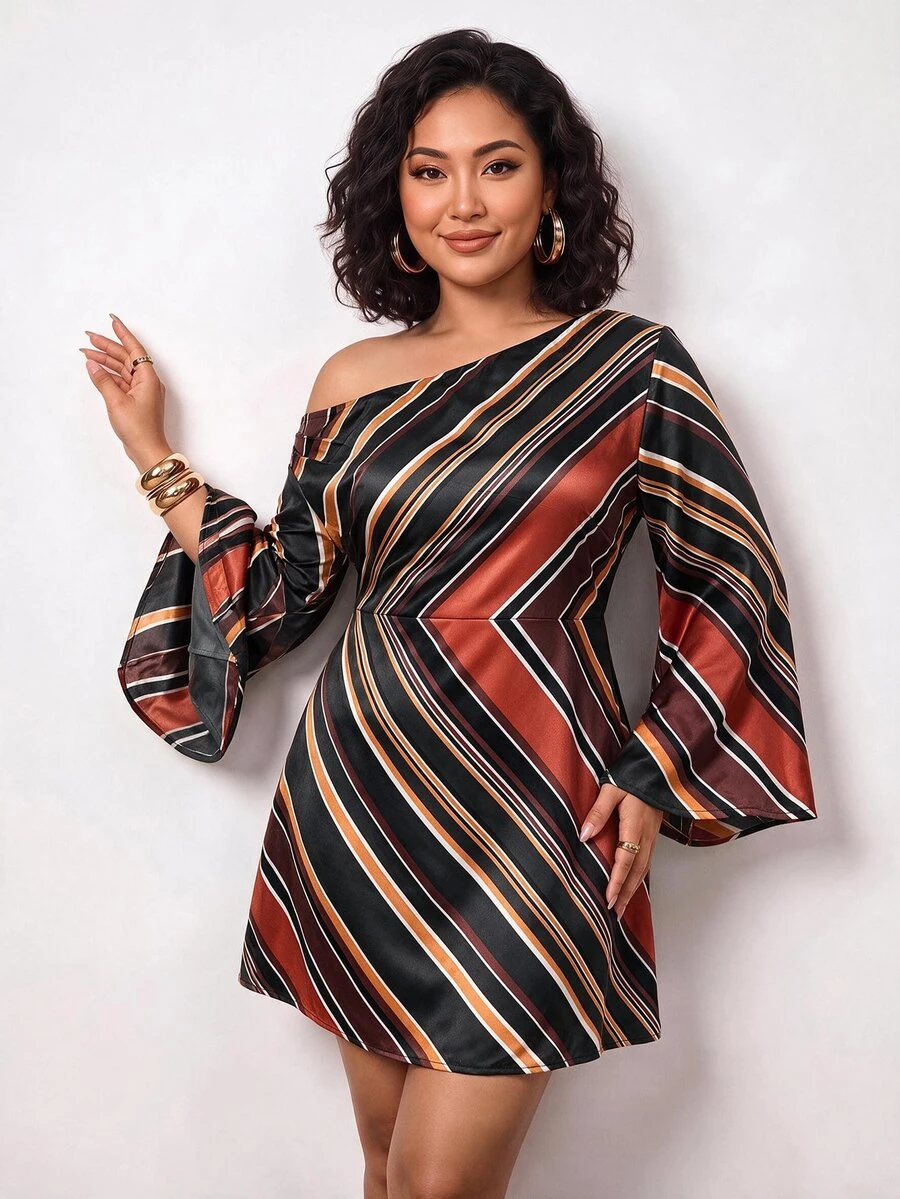 Truni Plus-Size Women's Asymmetrical Neckline Dress With Stylish Diagonal StripesPear Body,Triangle Body - Multicolor - View 1
