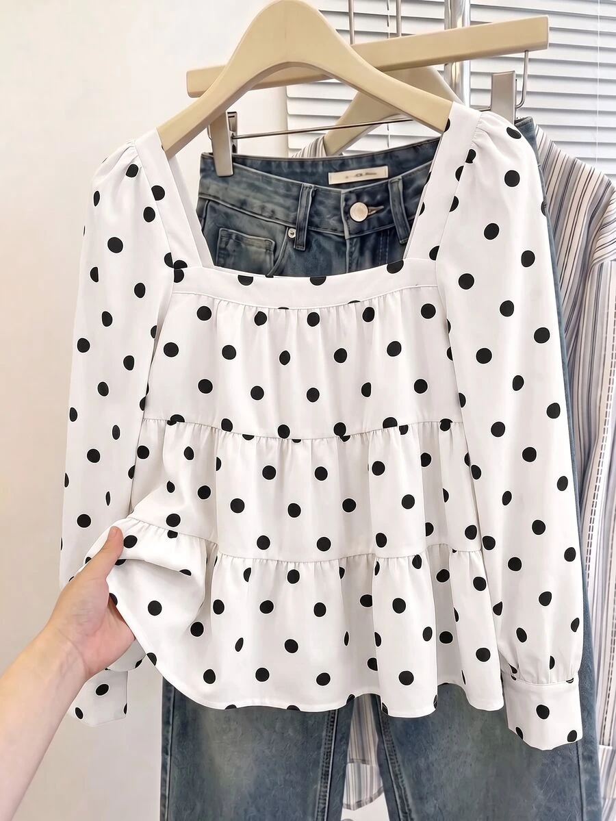 Muvela Áo blouse nữ tay dài họa tiết chấm bi, gấu bèo nhún, phong cách Pháp thanh lịch dễ thương, sang trọng lịch sự, phù hợp đi làm công sở, mùa Thu/Đông, Giáng sinh, tựu trường, đi brunch - Nhiều màu - Xem 1