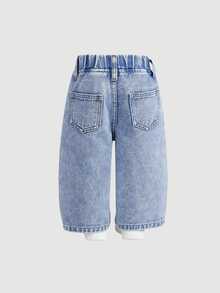 Celana Jeans Longgar Denim Biru Sobek dengan Hiasan Pita Merah Muda & Merah Lucu untuk Bayi Perempuan, Cocok untuk Sehari-hari & Streetwear, Gaya Y2K Chic Musim Gugur/Dingin - Biru - View 2