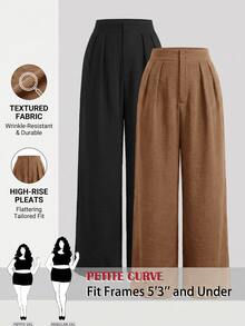 SHEIN PETITE CURVE 大尺碼女款素色百褶寬腿寬鬆休閒長褲 - 彩色 - 查看 1