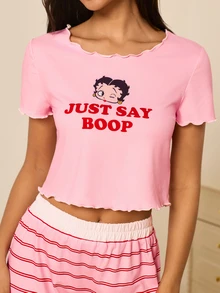 Betty Boop x SHEIN Women's Cartoon Print Top And Striped Frill Trim Shorts Pajama Set - Pink - View 8