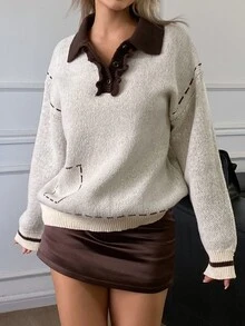 Livesso Fall/ Brown And White Polka Dot Round Neck Long Sleeve Cable Knit Fitted Ribbed Casual Preppy Women's Sweater School - Apricot - View 5