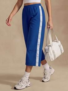 Glamine Foldover Waist Stripe Detail Straight Leg Trousers Pants Spring Summer Holiday Vacation Coolgirl Everyday Casual Streetstyle Fall Autumn - Blue - View 4