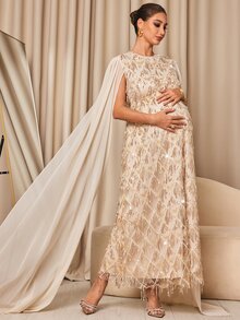 MaterniChic Maternity Luxury Elegant Sequin Dress For Evening Party - Apricot - View 1