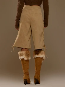 MUSERA Quần short jean jorts cạp thấp chi tiết buộc dây màu be, phong cách coolgirl cho nữ, mặc mùa thu đông - Màu Khaki - Xem 2