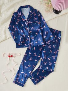 秋冬季青少年女孩深藍色可愛蝴蝶結印花翻領鈕扣長袖上衣配休閒長褲舒適兩件套居家服，假期居家穿著 - 彩色 - 查看 6