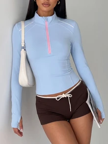 SHEIN BAE تي شيرت رياضي نسائي بنصف سحاب وأكمام طويلة - أزرق فاتح اللون - مشاهدة 5