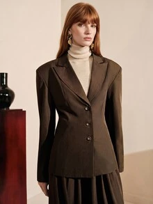 Arave Blazer Wanita Model Netral Kancing Tunggal dengan Kain Twill Diagonal, Jaket Kasual Modern untuk Perjalanan Kerja di Perkotaan - Coklat - View 10
