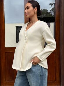 MaterniWear Maternity V-Neck Casual Elegant Loose Fit Jacket, Spring Fall Going Out Morning Homewear All White - White - View 3