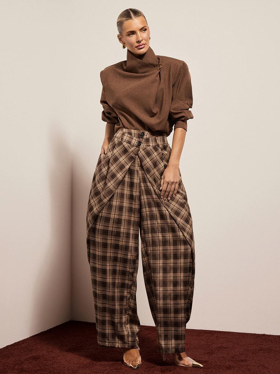 Hauture American Vintage Plaid Cross Double Button Waist Loose Mid-Waist Deconstructed Style Wide Leg Long Pants For Women Autumn/Winter - Brown - View 1
