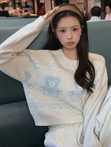 DAZY Bear Pattern Jacquard Loose Short Long Sleeve Casual Vacation Korean Style Girl Autumn/Winter Versatile Daily Knit Sweater For Women - Apricot - View 2
