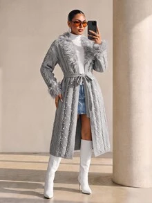 Xyvia Women's Autumn/Winter Heavy Beaded Fur Collar Belted Knit Cardigan Jacket, Premium Grey Twisted Cable Knit, Suitable For Shopping, Dating, Commuting, Party, Holiday - Grey - View 1