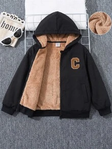 SHEIN 兒童青少年男孩休閒保暖內裡加厚寬鬆連帽外套，冬季外套，男孩服飾，基礎上衣，適合秋冬季節，校園穿著 - 彩色 - 查看 4