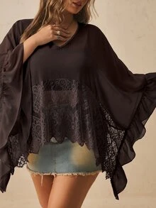 Freevana 女款大尺碼V領3/4袖透視雪紡上衣，純杏色，飄逸優雅日常街頭穿搭，波希米亞音樂節造型，蕾絲拼接，春夏女裝，春夏大尺碼上衣 - 咖啡棕 - 查看 5