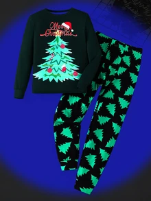 SHEIN 青少年男孩休閒舒適百搭聖誕風格印花長袖上衣與長褲套裝，修身版型睡衣套裝 - 彩色 - 查看 1