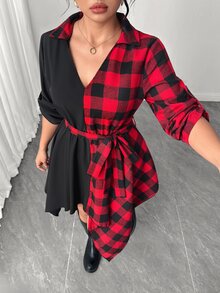 Rometta Plus Size Women's Color Block Plaid Asymmetrical Hem Casual Dress - متعدد الألوان - مشاهدة 4