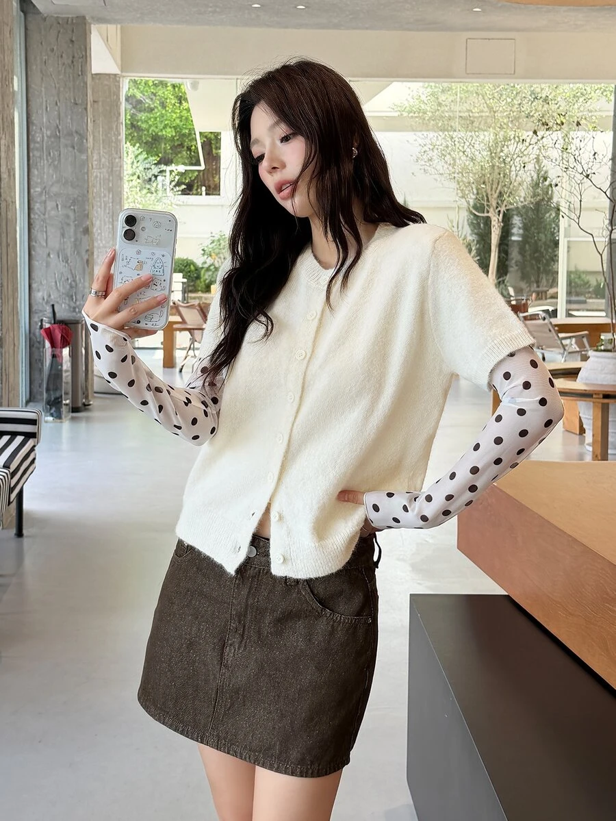 K-Vae Women's Solid Color Short Sleeve Single-Breasted Casual Knit Cardigan - Apricot - View 1