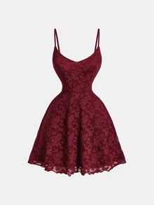 SHEIN MOD 女款前結喇叭袖上衣與提花肩帶洋裝優雅兩件套 - 酒紅色 - 查看 3