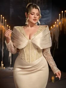 Glamrae Plus Size Elegant Glamorous Fashion Champagne Sequin Embroidered Color Block Satin Fabric Long Sleeve Exaggerated Shoulder Design Flattering Ruched Mermaid Long Dress Suitable For Wedding Events, Bachelorette Parties, Proms - Champagne - View 4