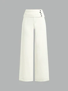 SHEIN Teen Girl Teen Girl Autumn/Winter Fashion Casual High Waist Cuffed Button Decor Knit Solid Color Flare Long Pants - Beige - View 3