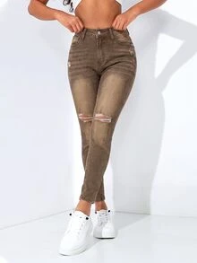 SHEIN PETITE 女款性感鈕扣破洞口袋牛仔褲 - 棕色 - 查看 5