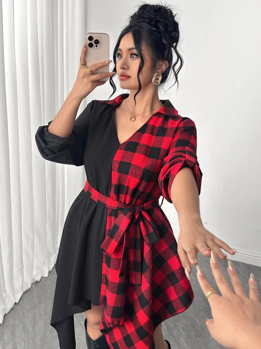 Rometta Plus Size Women's Color Block Plaid Asymmetrical Hem Casual Dress - Multicolor - View 1