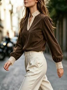 Balvessa قميص نسائي كاجوال يومي بأكمام طويلة بتصميم كتل لونية - بني - مشاهدة 5
