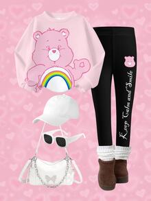 SHEIN X Care Bears Young Girls Sweatshirt Set With Bear Print Pattern, Casual Fashion Creative Personalized Fresh Cute - White - View 3