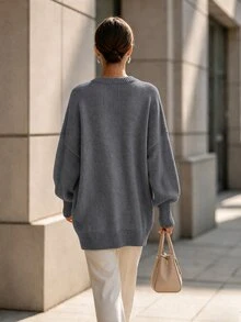 SHEIN 女款休閒通勤簡約純色落肩燈籠袖寬鬆圓領針織衫 - 深灰色 - 查看 2