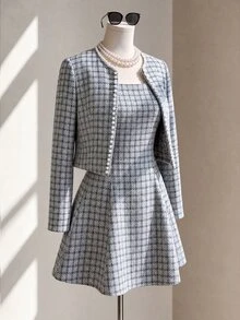 Fine & Folde Women's Plaid Pattern Long Sleeve Pearl Decor Jacket And Ruffle Hem Dress 2 Pieces Set - Multicolor - View 1